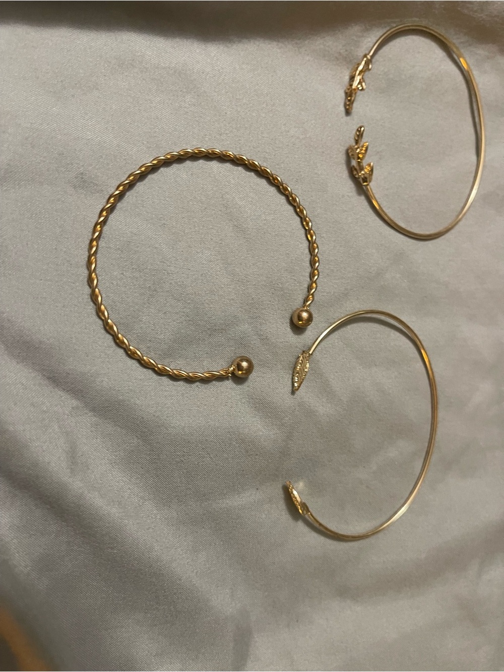 Gold Open Cuff Bracelet Set — Twisted & Leaf Accent Bangles new
